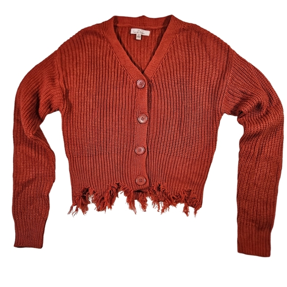 Love Tree Distressed V Neck Button Up Cropped Cardigan, Burnt Orange, Small - Picture 5 of 14